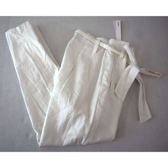 Aqua IPK80606-B Women Sz XS White Linen Belted Hi-Rise Straight Ankle Pants - Picture 8 of 10